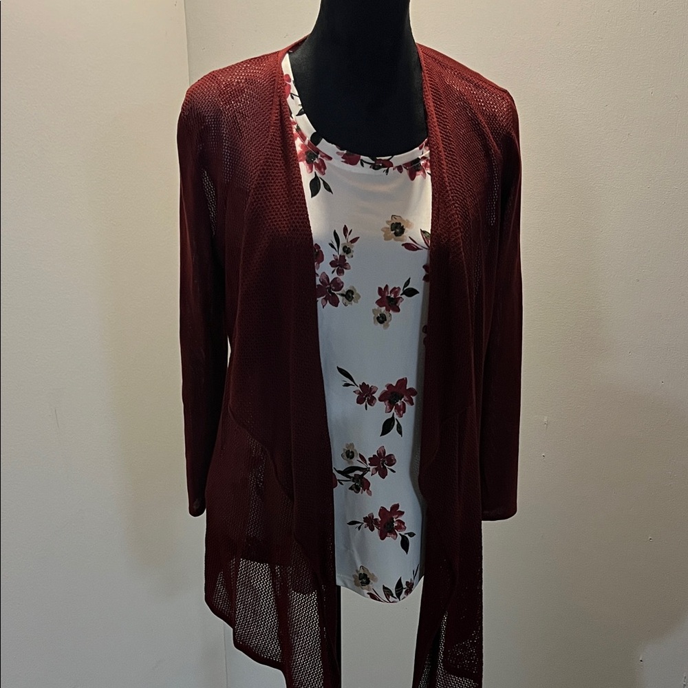 Women's Burgundy Cardigan with Floral Top